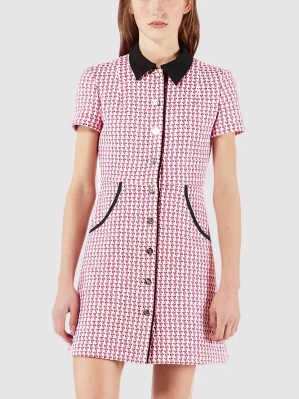 Maje Pink & Black Houndstooth Short-Sleeve Button Mini Dress